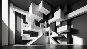 Intérieur architectural suprématiste années 1918 style Malevitch, murs monochromes géométriques noir et blanc, espace spirituel épuré