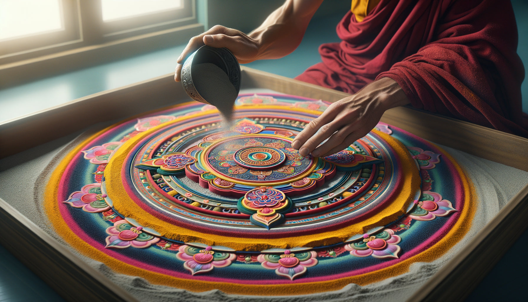 Moine tibétain créant un mandala de sable coloré grain par grain, symbolisant l'impermanence en soins palliatifs