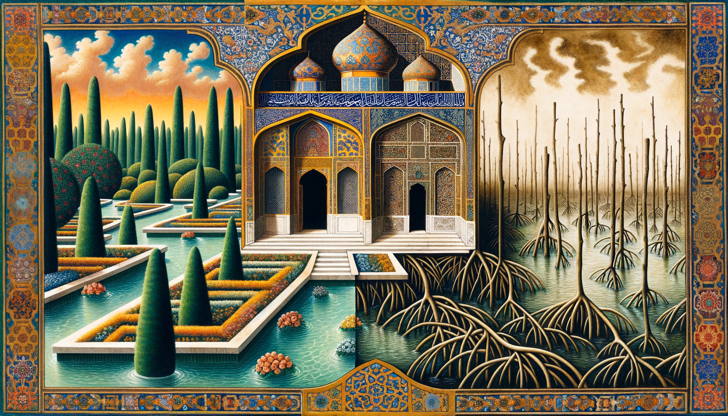 Miniature islamique traditionnelle contrastant jardin paradisiaque ordonné et mangrove effacée symbolisant l'absence culturelle