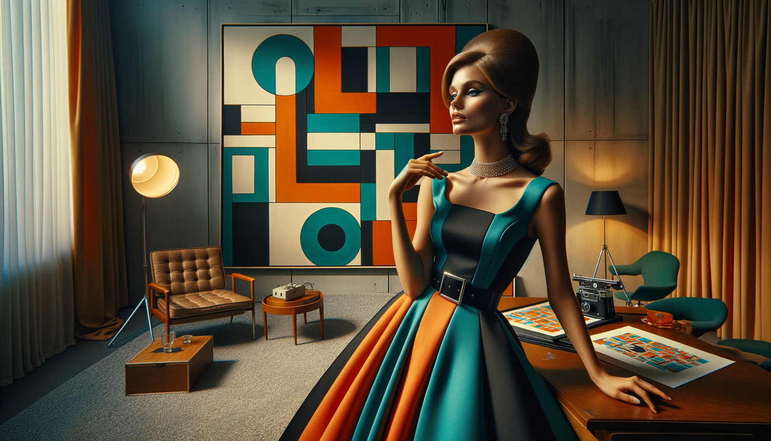 Mannequin en robe haute couture années 1960 posant devant un grand tableau abstrait aux formes géométriques colorées