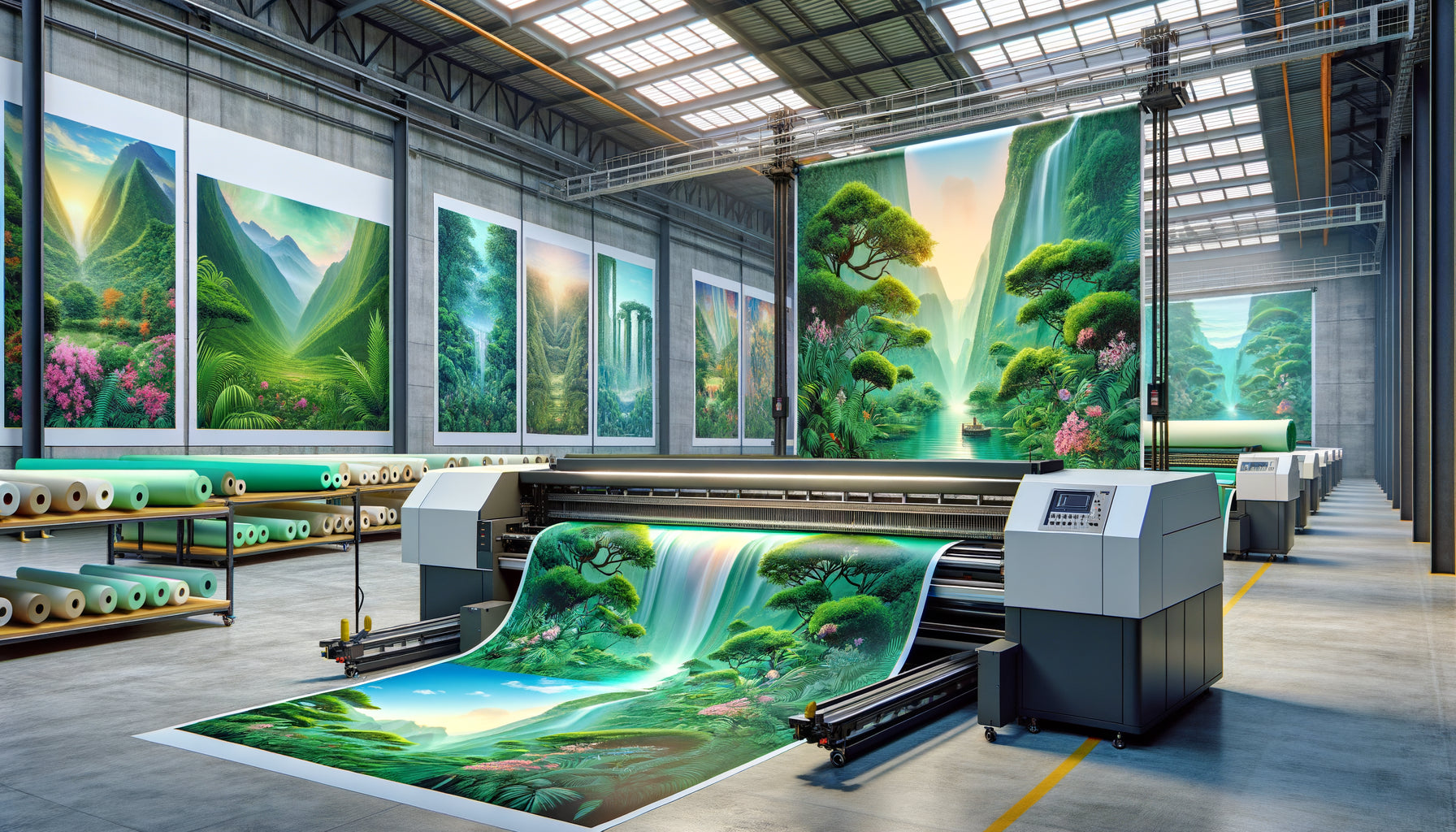 Atelier moderne de fabrication de papier peint panoramique avec imprimante numérique grand format produisant des paysages décoratifs