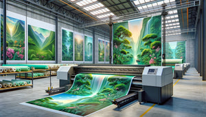 Atelier moderne de fabrication de papier peint panoramique avec imprimante numérique grand format produisant des paysages décoratifs