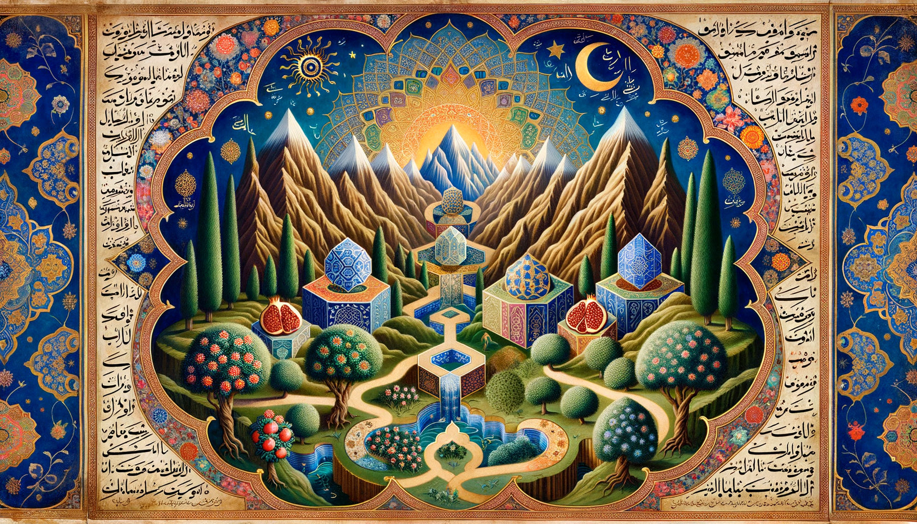 Enluminure de manuscrit soufi médiéval avec paysage symbolique codé : montagnes spirituelles, jardin paradisiaque et couleurs mystiques