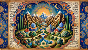 Enluminure de manuscrit soufi médiéval avec paysage symbolique codé : montagnes spirituelles, jardin paradisiaque et couleurs mystiques