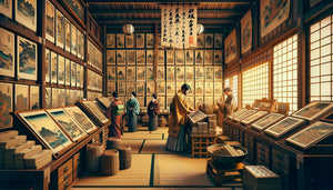 Marchand d'estampes japonaises dans une boutique traditionnelle de l'époque Edo présentant des paysages ukiyo-e de Hokusai