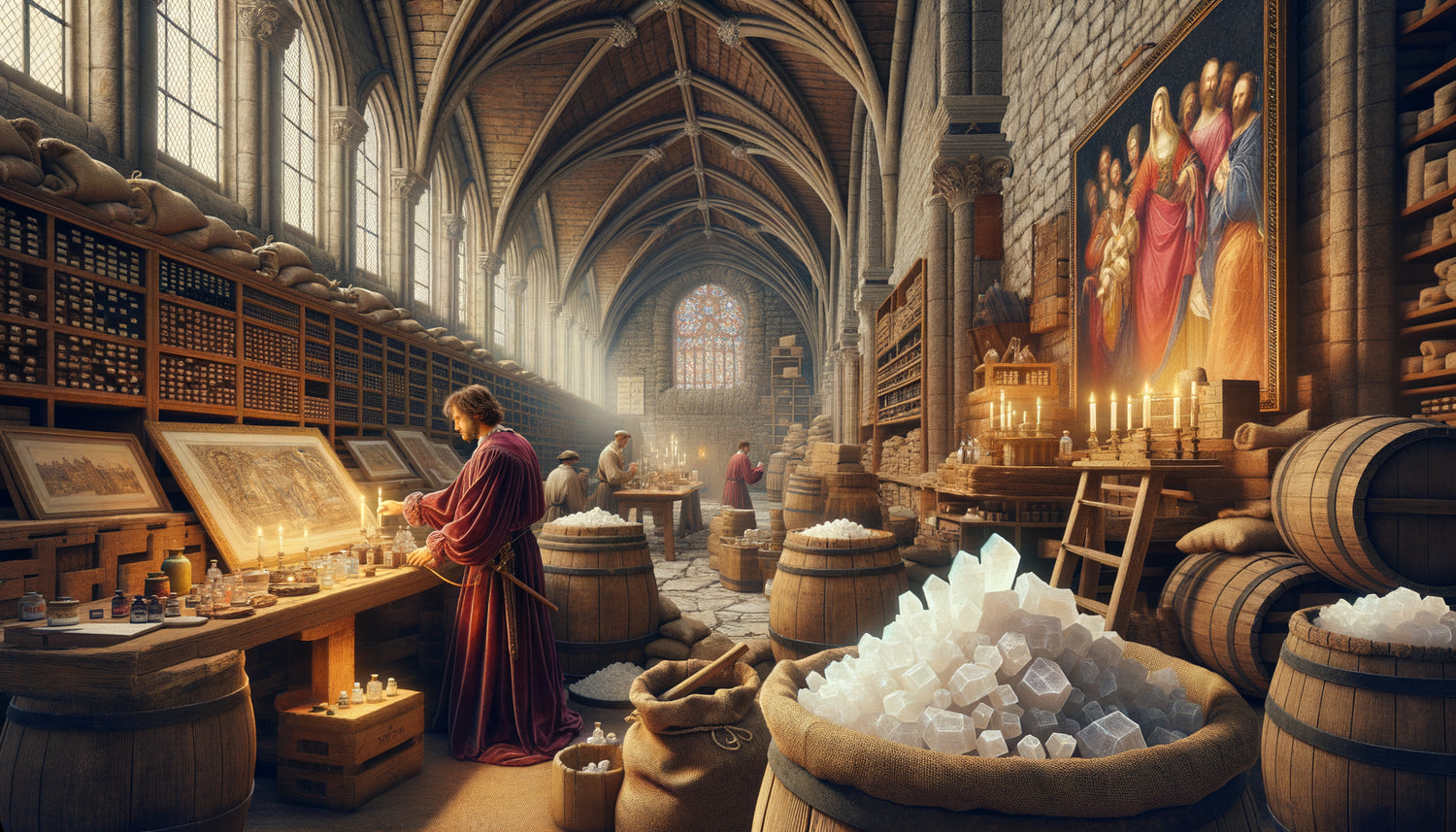 Entrepôt médiéval génois avec barils d'alun et atelier de pigments Renaissance, commerce vénitien XIVe siècle