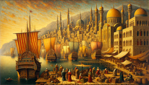 Peinture Renaissance vénitienne représentant un comptoir commercial oriental avec architecture byzantine et navires marchands vénitiens
