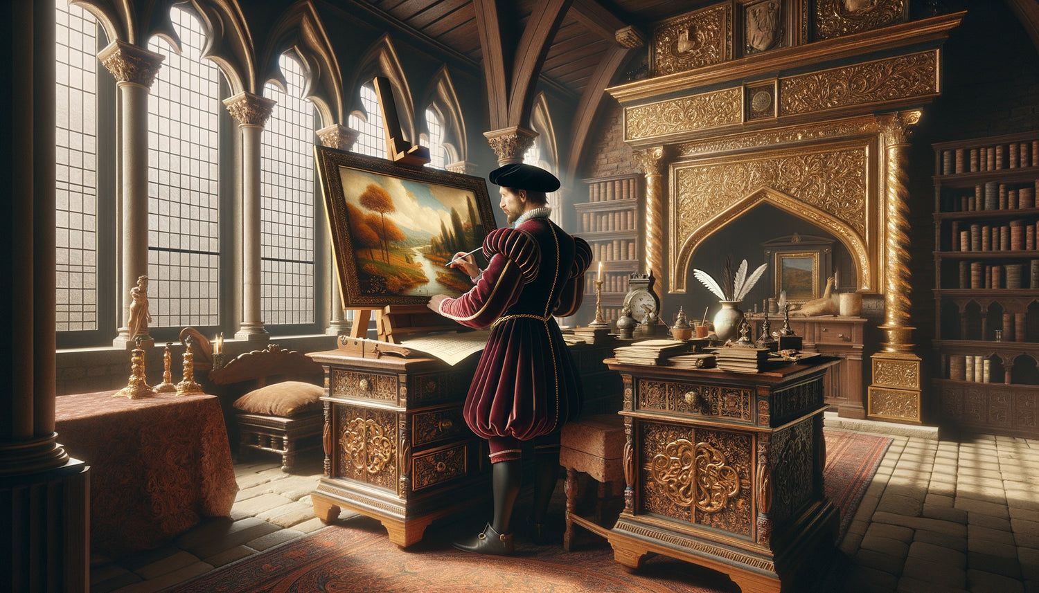 Marchand vénitien du XVe siècle inventoriant une peinture de paysage Renaissance dans son cabinet d'étude