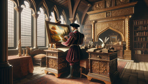 Marchand vénitien du XVe siècle inventoriant une peinture de paysage Renaissance dans son cabinet d'étude