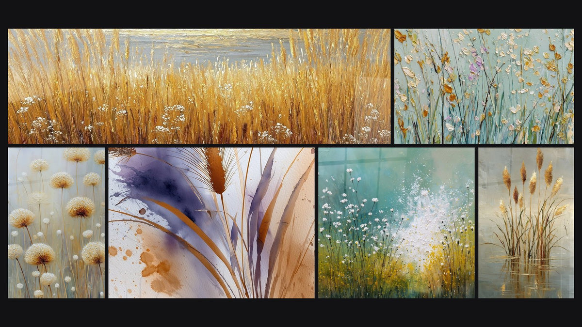 Mosaïque de six tableaux, dont Épis Dorés et Blancs sur Fond Nuageux