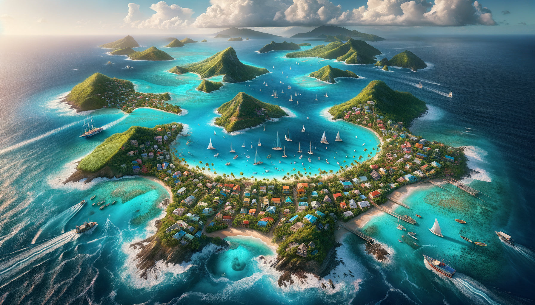 Vue aérienne des trois îles satellites de Guadeloupe : Marie-Galante, Les Saintes et La Désirade dans les eaux turquoise caribéennes