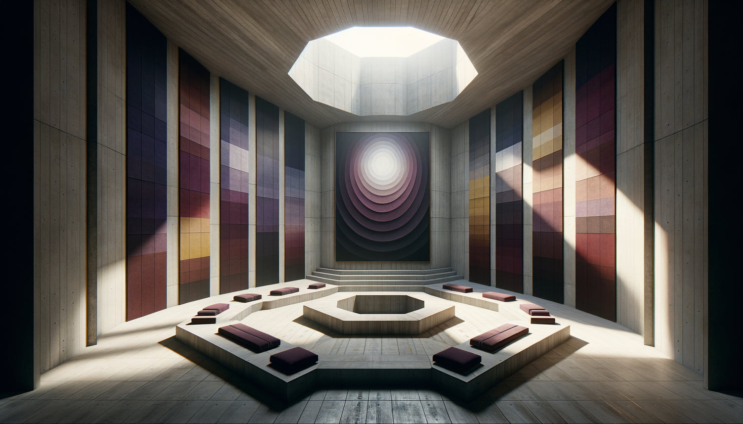 Intérieur de la Chapelle Rothko à Houston avec panneaux monochromes monumentaux sombres créant un espace méditatif et thérapeutique