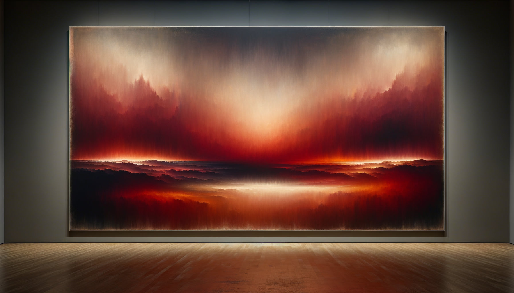 Peinture abstraite dans le style signature de Mark Rothko : rectangles de couleur rouge et orange aux bords flous créant une atmosphère contemplative