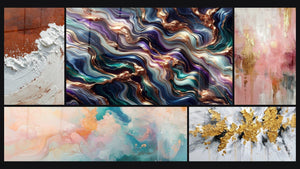Mozaïek van vijf schilderijen, waaronder Abstract Aarde en Wit Dikke Textuur en Roze Zwevende Cumuluswolken