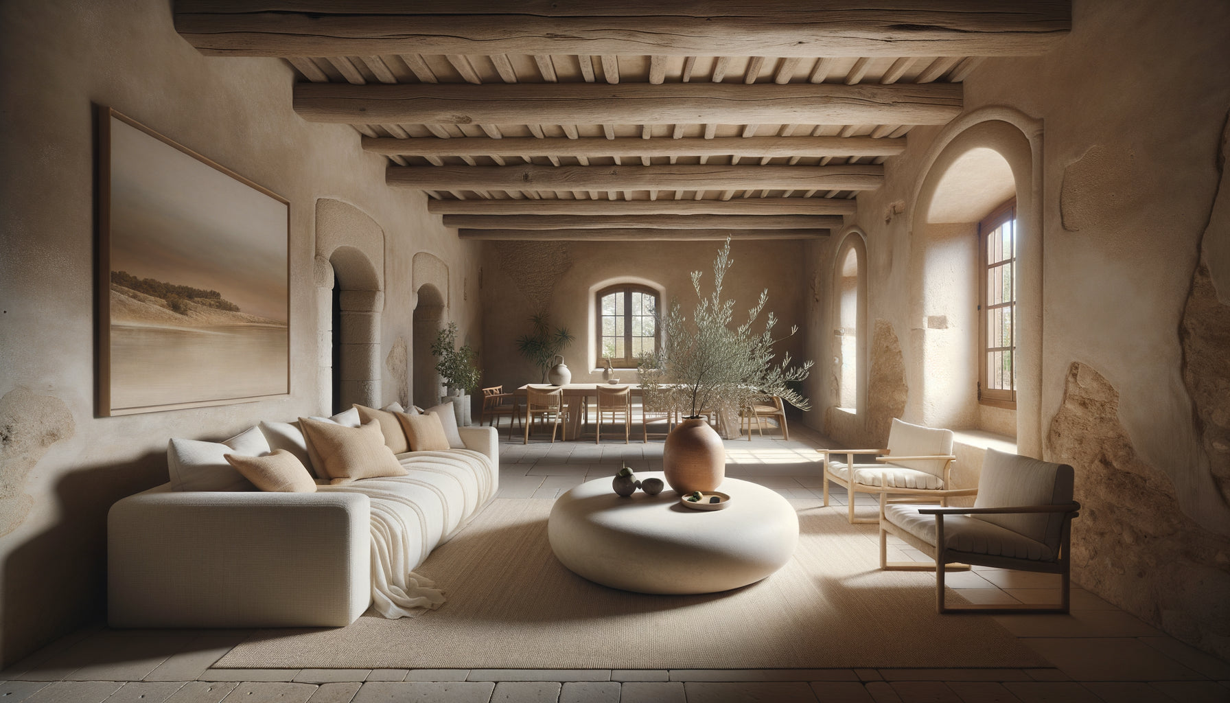 Intérieur de mas provençal authentique avec murs en pierre ancienne, mobilier contemporain épuré et matières naturelles raffinées