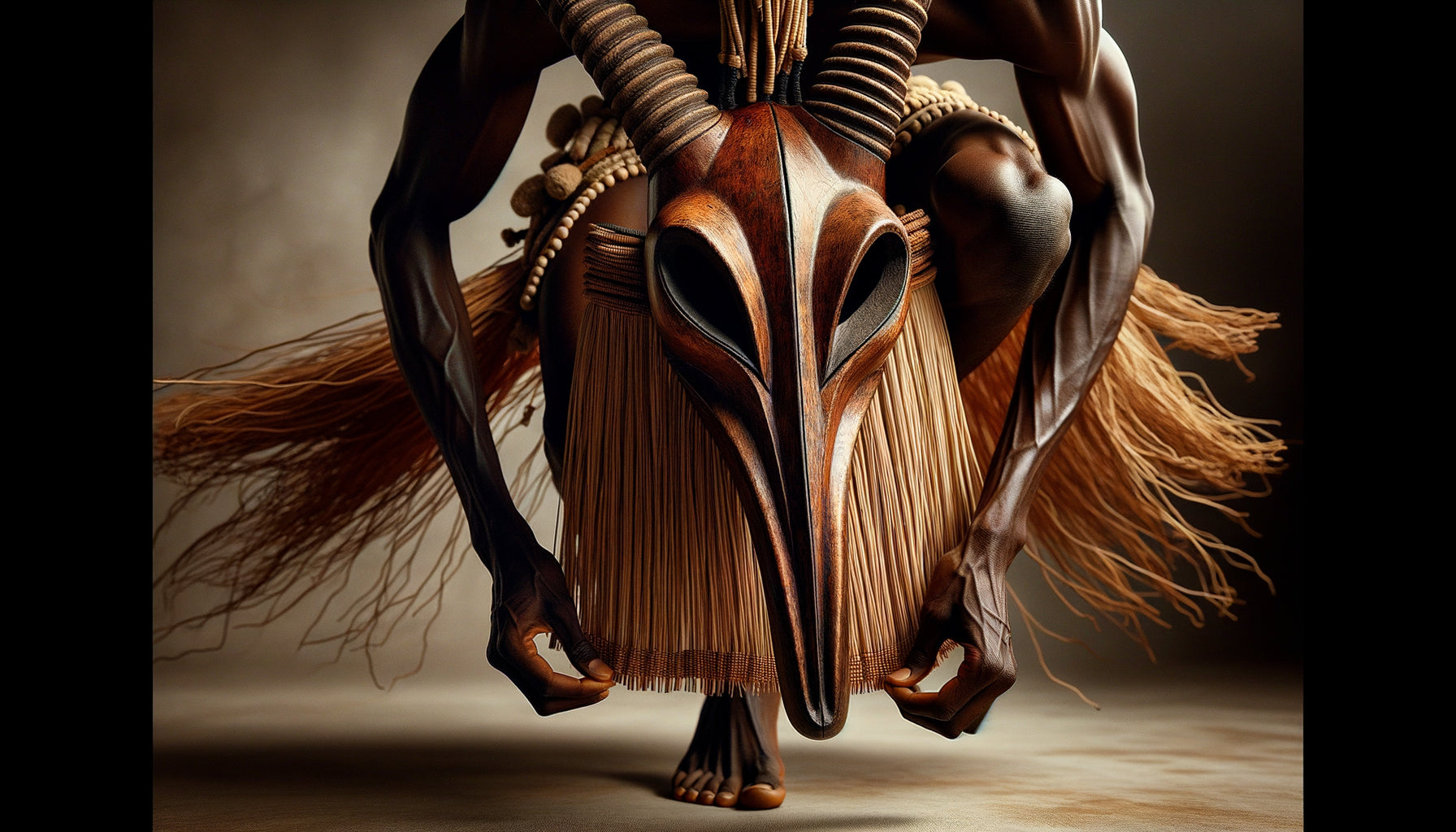 Masque zoomorphe africain traditionnel porté par danseur montrant système d'attache et ingénierie fonctionnelle ancestrale