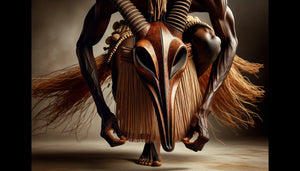Masque zoomorphe africain traditionnel porté par danseur montrant système d'attache et ingénierie fonctionnelle ancestrale