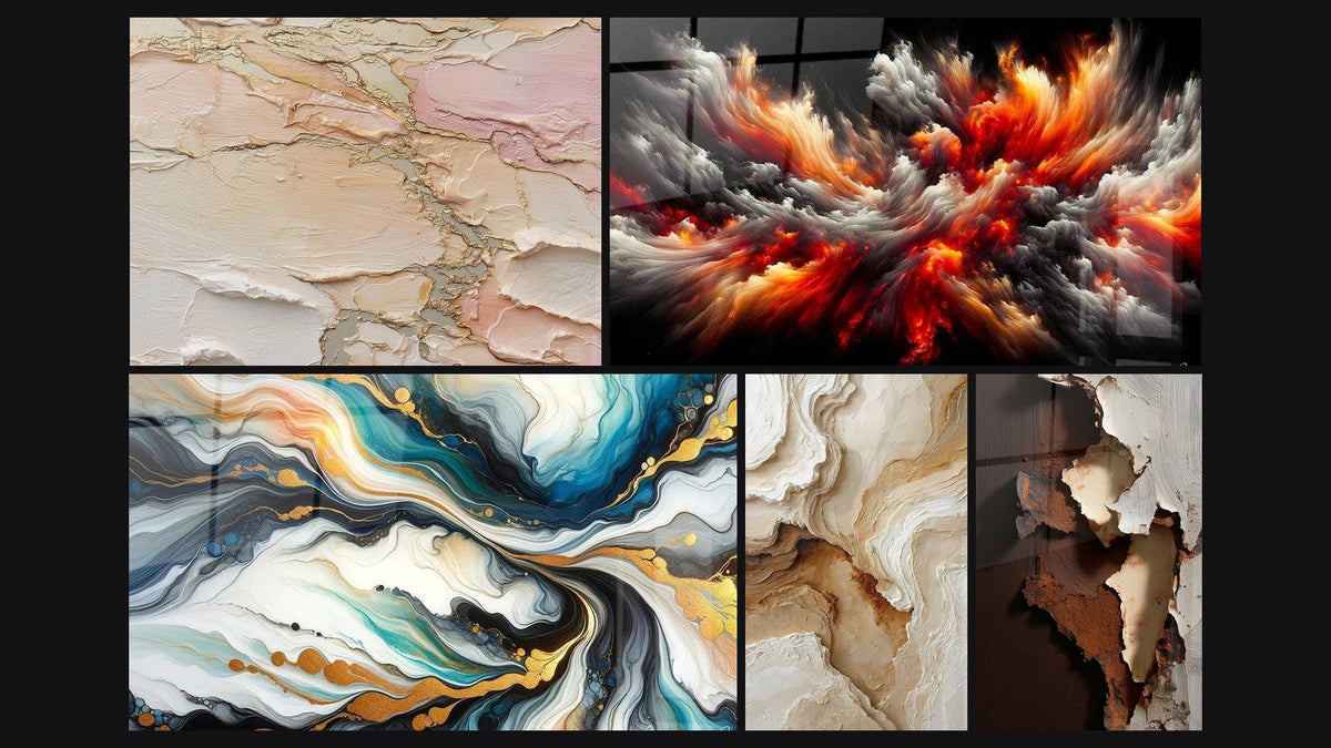 Mosaico di cinque quadri, tra cui Astratto texture beige rosa dorato, Tempesta Solare Abissale e Correnti Colorate