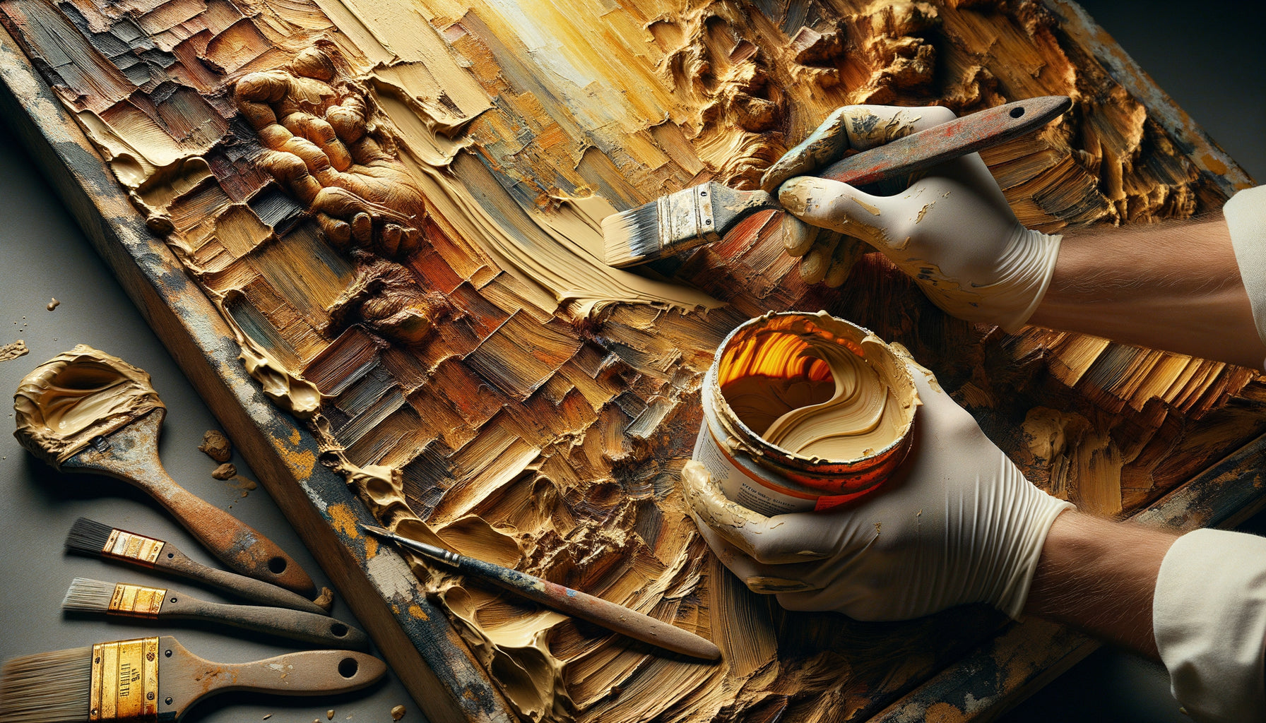 Mains de restaurateur appliquant du mastic sur fissures d'une peinture abstraite épaisse avec texture impasto