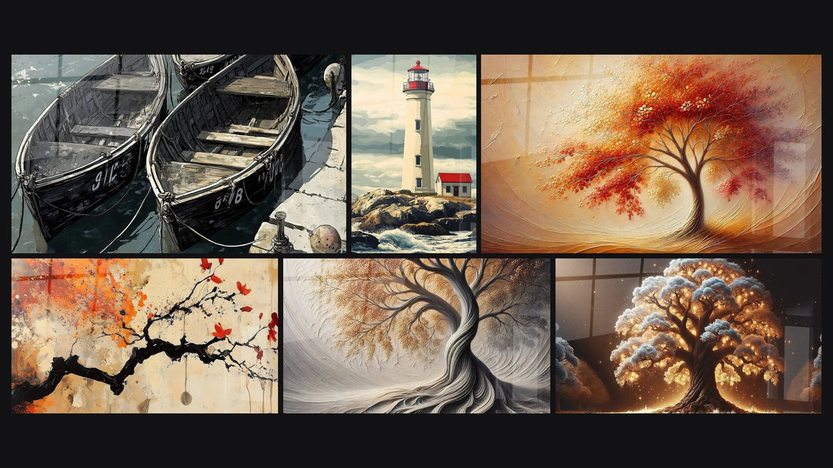 Mosaic of six paintings, including Terracotta Wall Art No.4, Breath of Earth and Tree of Life Zen Dance of Seasons