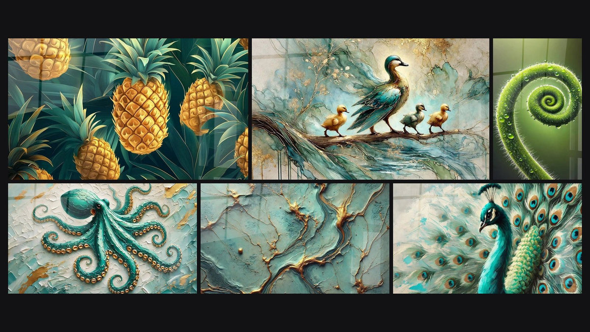 Mozaika sześciu obrazów, w tym Ananas Nr 2, Szmaragdowe Głębiny i Rzeki Złotej