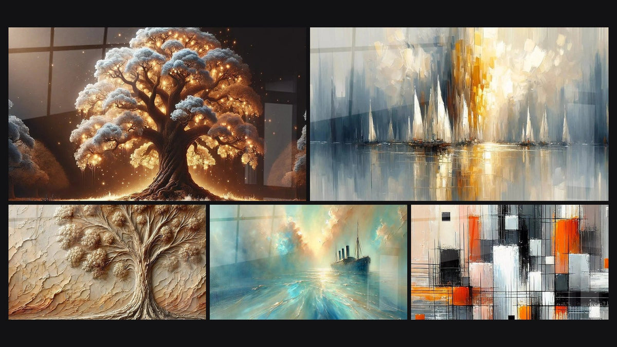 Mosaïque de cinq tableaux, dont Arbre de Nuit, Arbre d'Antan et Au Cœur de la Brise