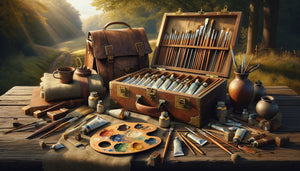 Équipement portable authentique d'un peintre impressionniste du 19ème siècle : chevalet pliant, boîte de campagne et tubes de peinture en étain