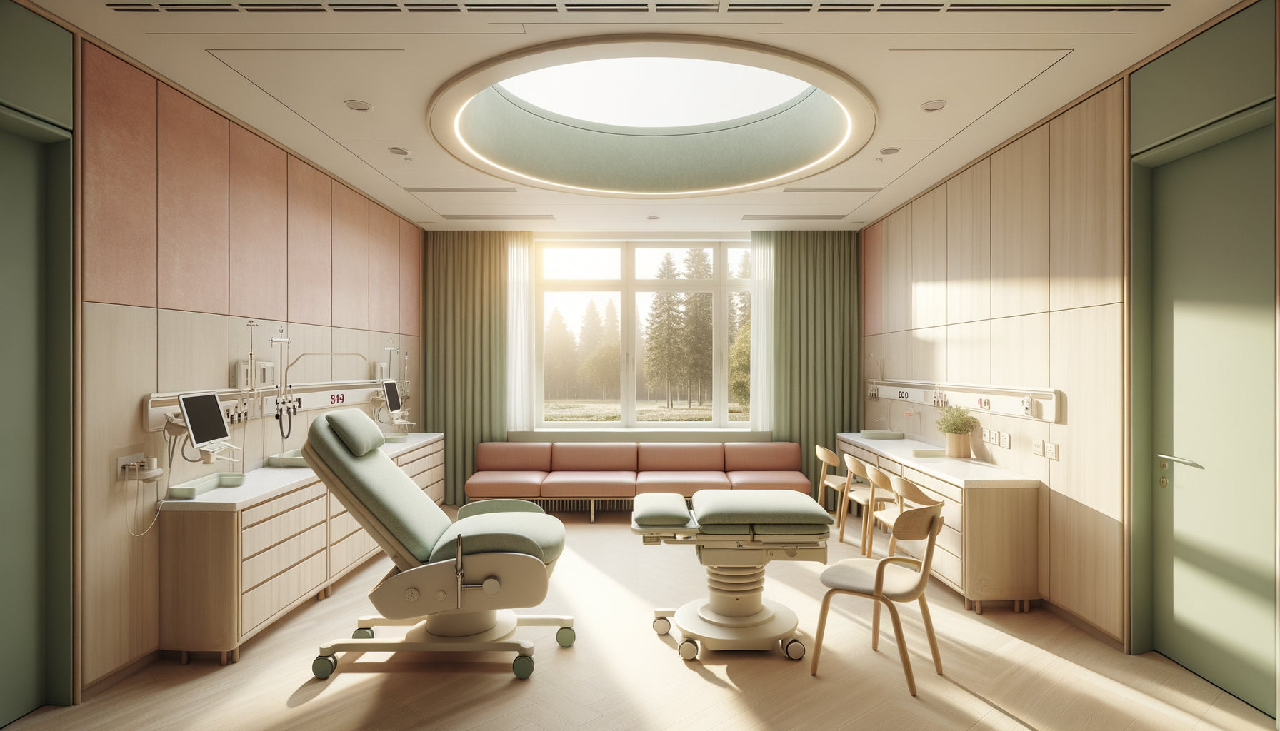 Chambre de maternité scandinave moderne aux tons pastel apaisants, sans rouge saturé, design minimaliste nordique