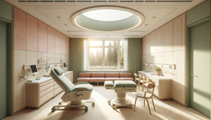 Chambre de maternité scandinave moderne aux tons pastel apaisants, sans rouge saturé, design minimaliste nordique