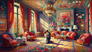 Peinture fauviste style Matisse avec couleurs vives rouge rose bleu exprimant la joie amoureuse, atmosphère méditerranéenne lumineuse