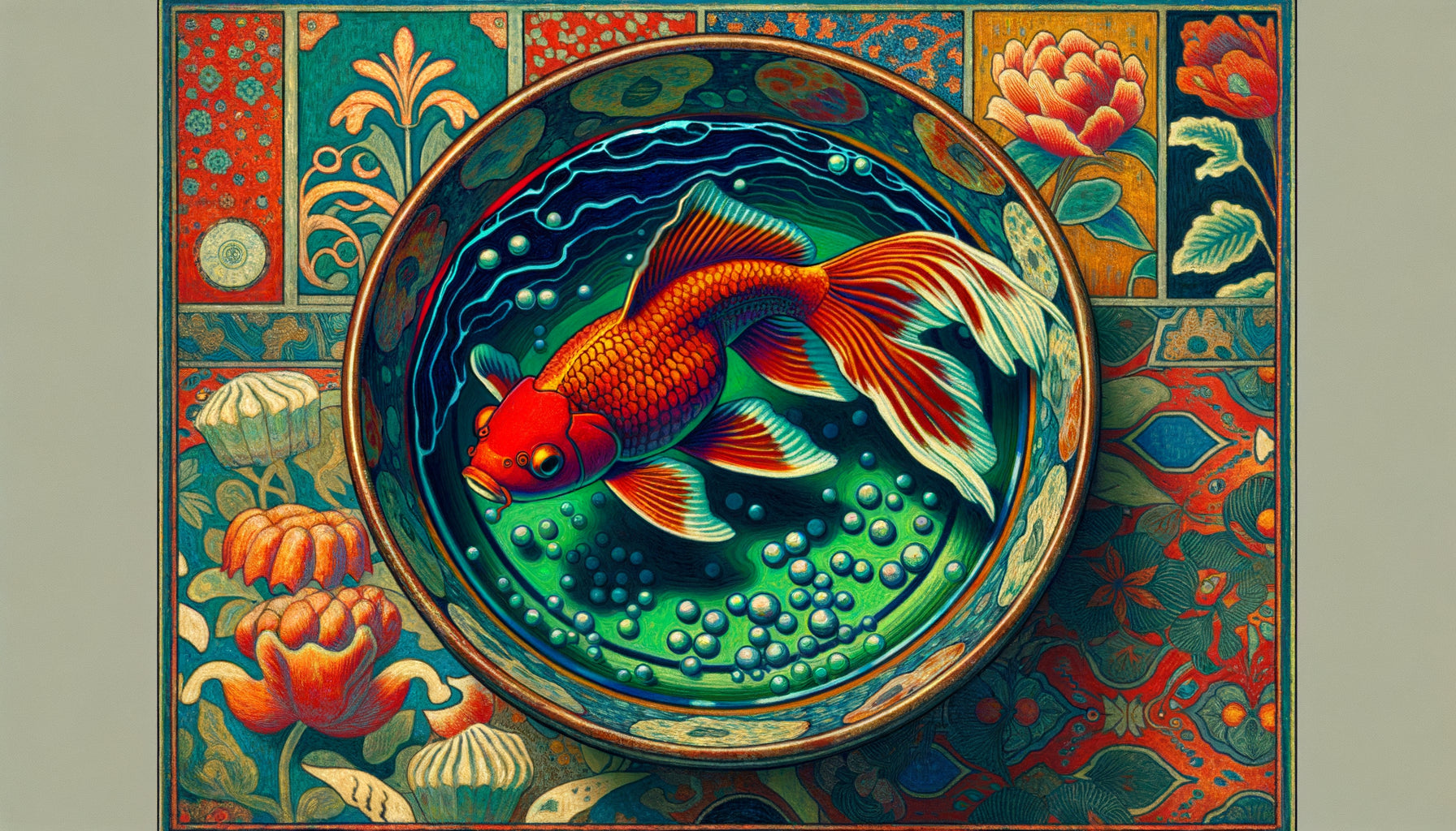 Peinture style Henri Matisse années 1910, poissons rouges dans bocal, couleurs vives fauvistes, motifs décoratifs orientaux