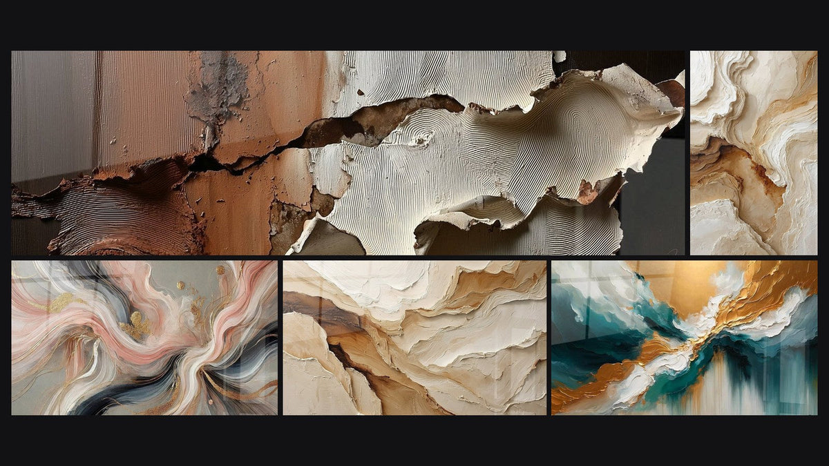 Mosaïque de cinq tableaux, dont Flots de Soie, Abstrait Beige et Terre et Lumière des Abysses