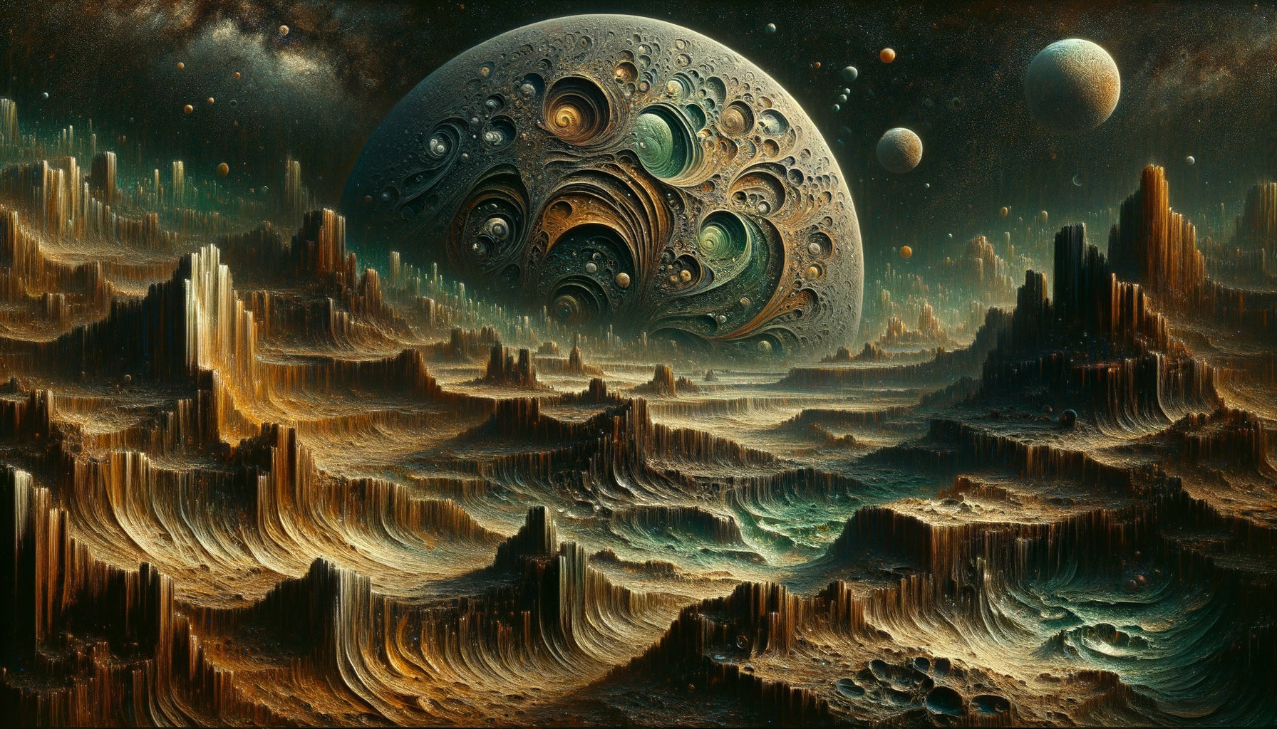 Paysage planétaire surréaliste dans le style frottage de Max Ernst avec textures organiques cosmiques oniriques
