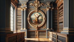 Médaillon peint circulaire baroque entre étagères de bibliothèque classique du 18e siècle avec figure allégorique et dorures