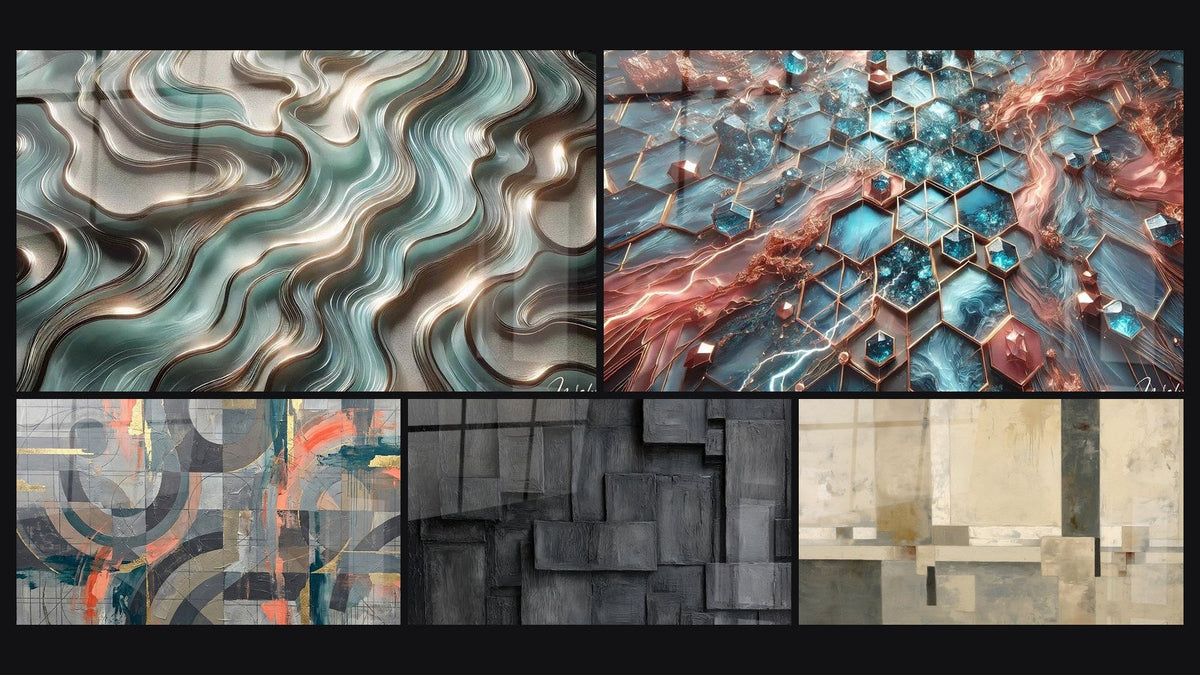 Mosaico de cinco cuadros, entre ellos Curvas Etéreas, Círculos grises y coral entrelazados y Redes de Resplandor