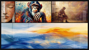 Mosaïque de quatre tableaux, dont Méditation Animale, Méditation Infinie Bleue et Boxeur Méditatif