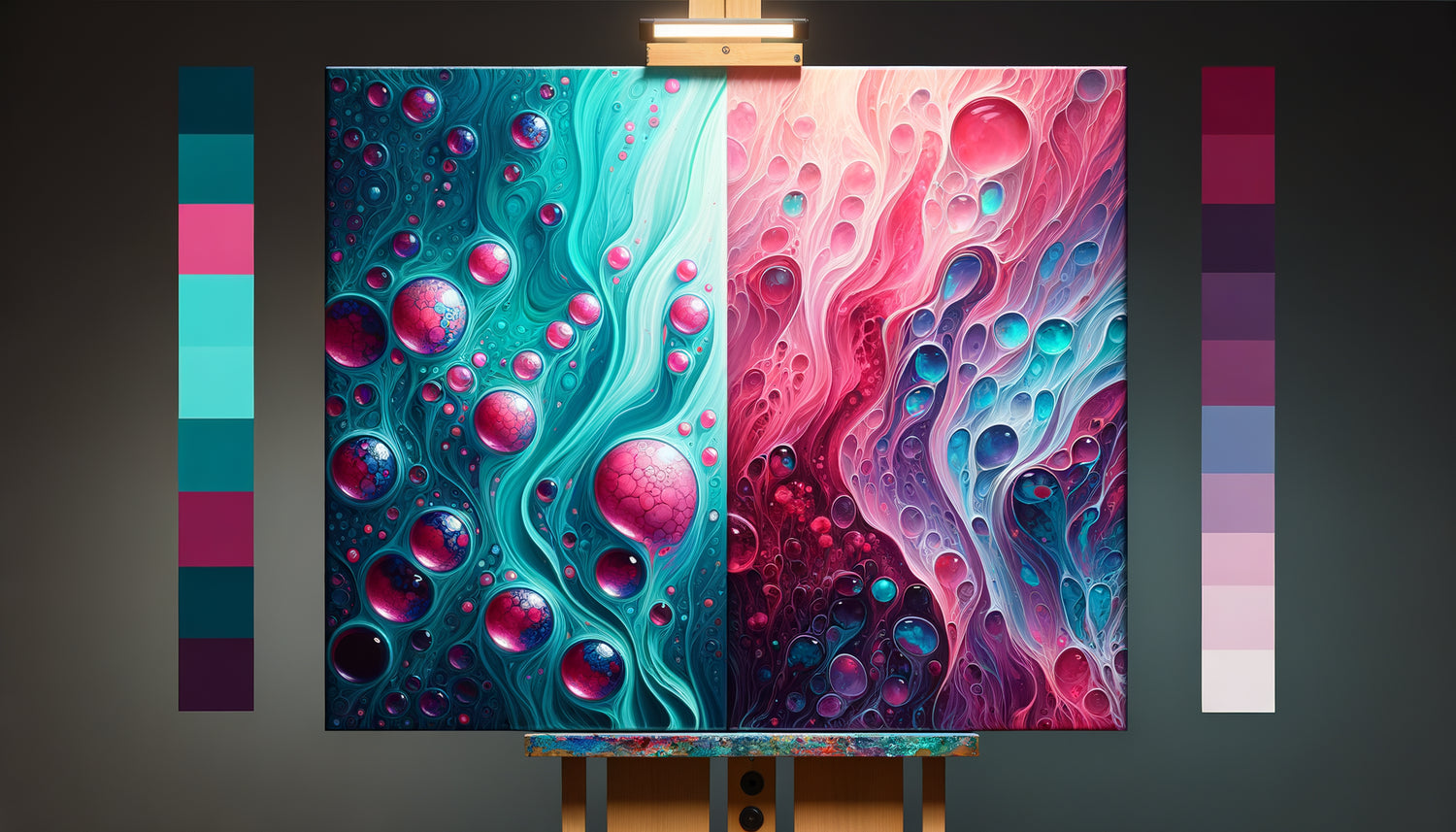 Comparaison visuelle entre peinture abstraite acrylique mate et brillante montrant les différences de réflexion lumineuse