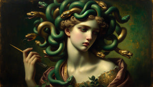 Méduse en beauté tragique romantique du XIXe siècle, style symboliste avec serpents élégants et expression mélancolique