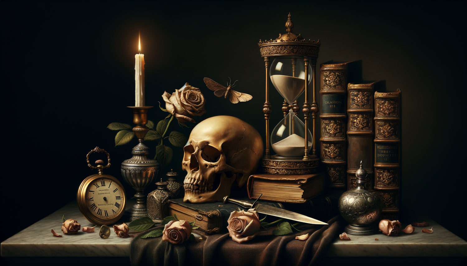 Nature morte baroque memento mori du 17ème siècle avec crâne, sablier et objets symboliques raffinés