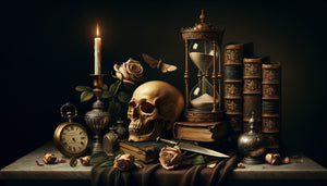 Nature morte baroque memento mori du 17ème siècle avec crâne, sablier et objets symboliques raffinés