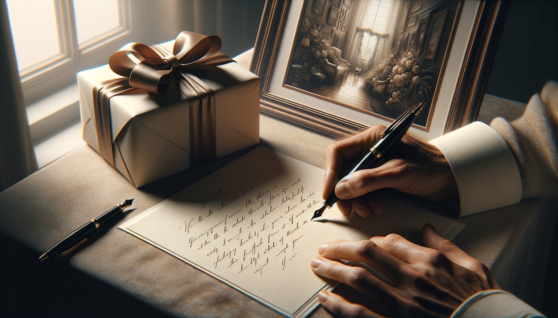 Mains écrivant un message touchant sur une carte accompagnant un tableau cadeau emballé, lumière naturelle douce