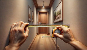 Mains mesurant avec un mètre ruban l'espace entre un tableau et une poignée de porte dans un couloir