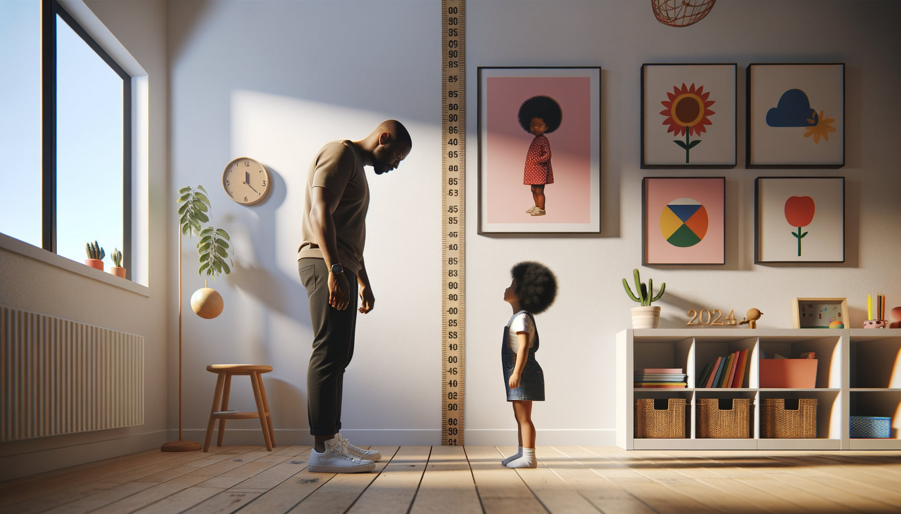 Parent mesurant la hauteur d'accrochage adaptée à la ligne de vision d'un enfant de 5 ans avec mètre ruban
