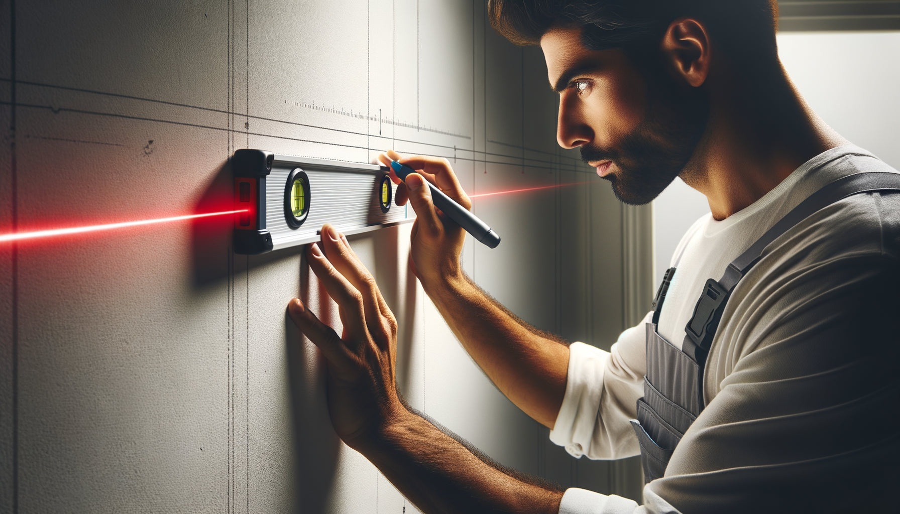 Artisan mesurant la planéité d'un mur avec règle métallique et niveau laser avant pose de décor adhésif