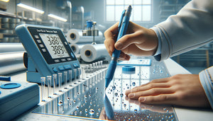 Test de tension superficielle sur plastique avec stylo dyne et encres de contrôle en laboratoire industriel