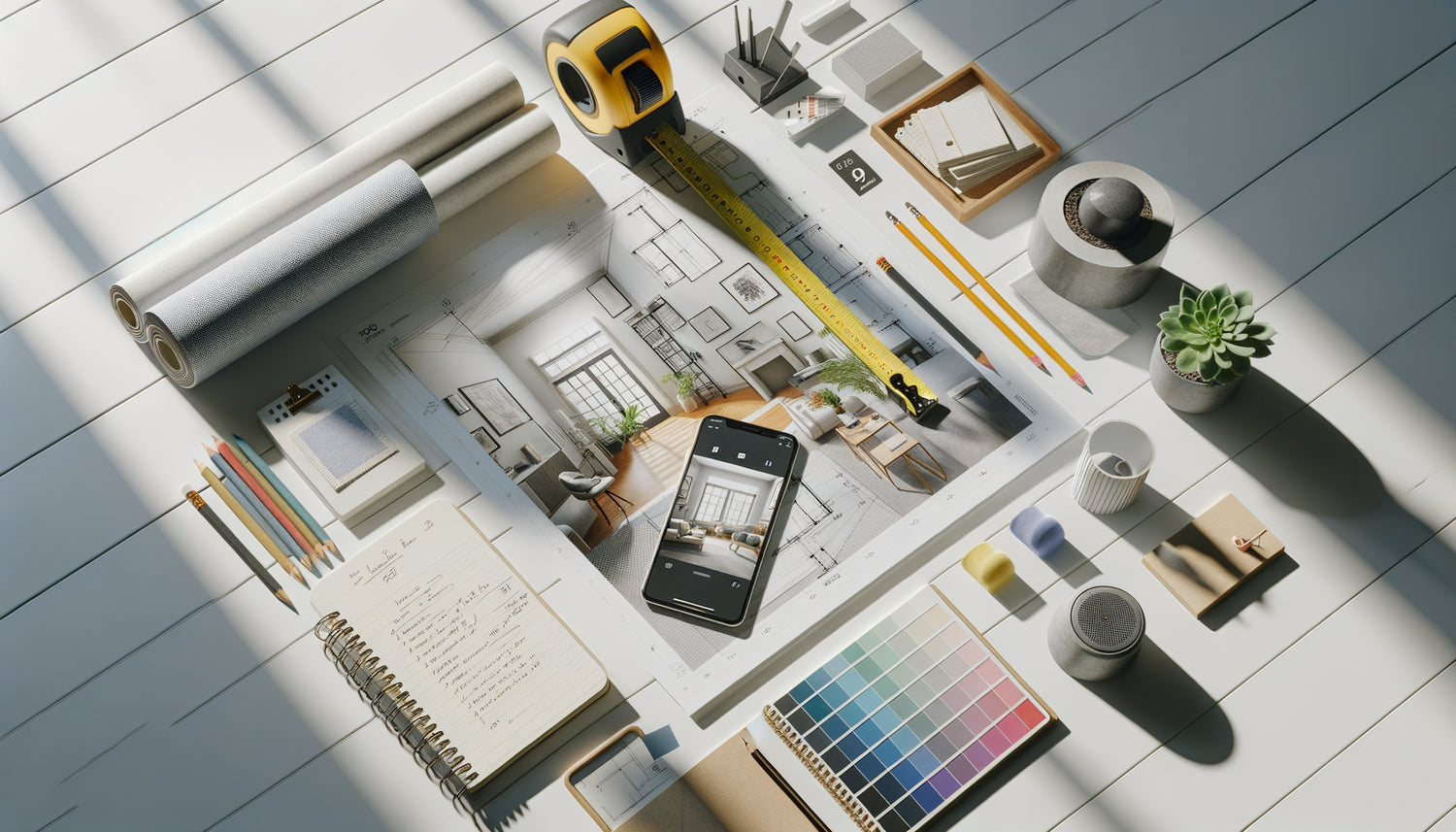 Scène de planification d'achat de tableau avec mètre ruban, croquis de mesures et photo d'espace mural