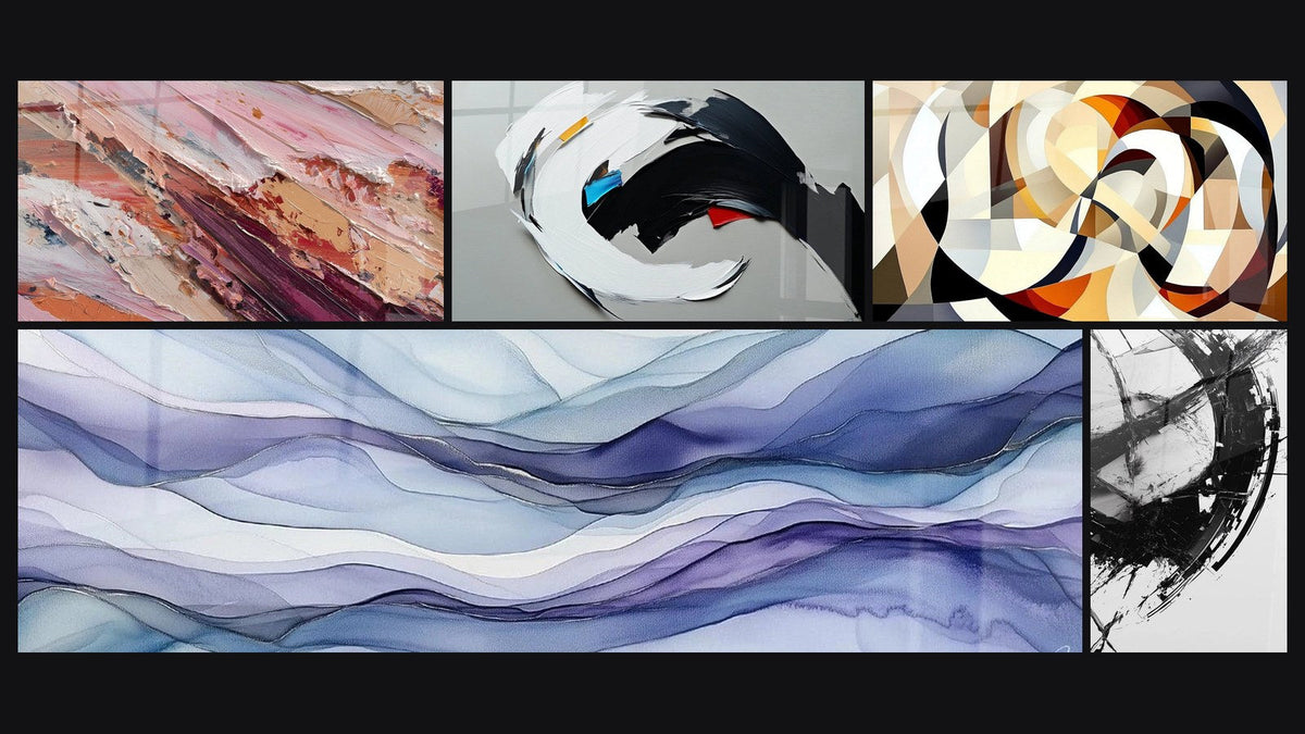 Mosaic of five paintings, including Dreamy Scrolls Periwinkle, The Break in Time and Dynamic Abstract