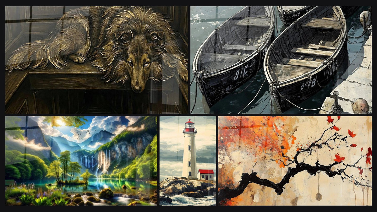 Mosaïque de cinq tableaux, dont Port N°2, Éden Vert aux Mille Cascades et Phare N°3