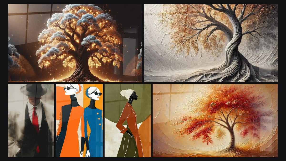Mosaic of six paintings, including Night Tree, Felt Black and Red Tie Bleed and Elegant Silhouettes in Orange and Blue