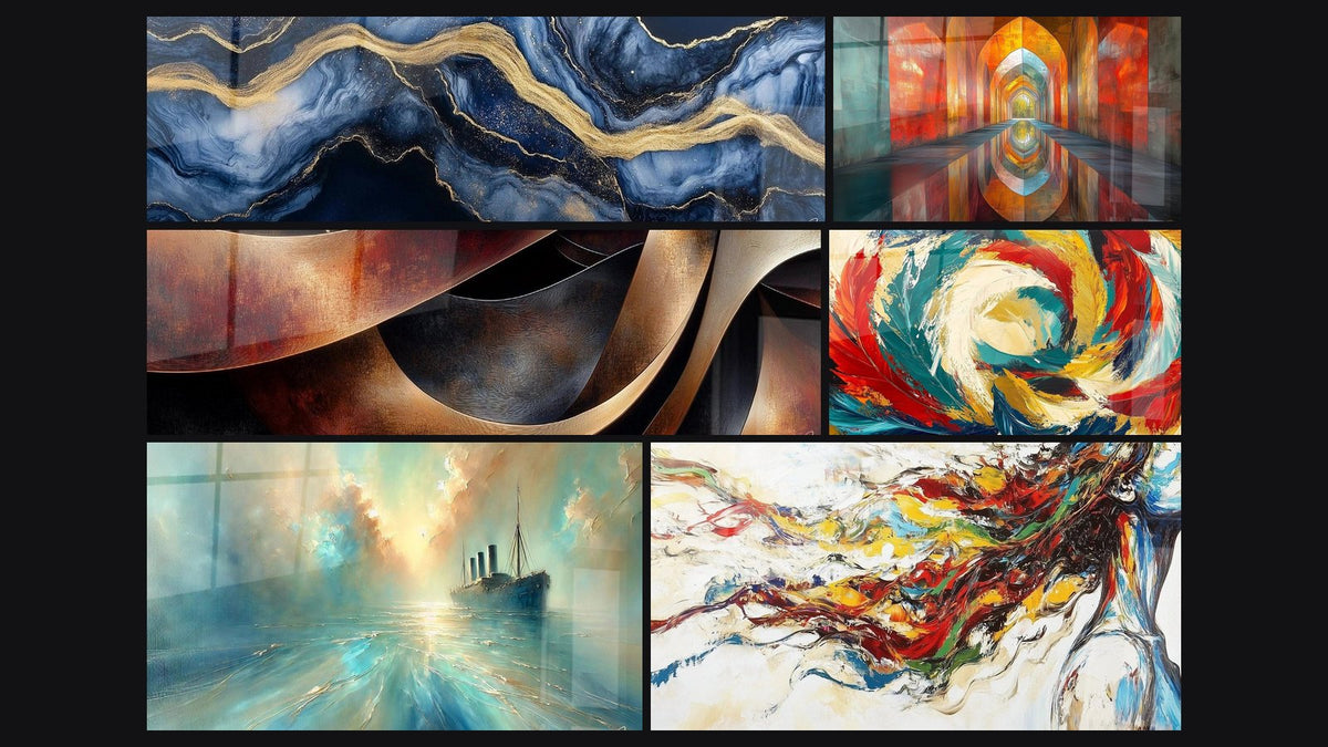 Mosaic of six paintings, including Liquid Marble Eternity Blue, Sinuosities Meditation Ochre and Arched Iridescent Vermillion